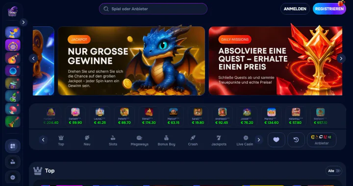 Casino-Lobby von wizardo.casino: Slots auf der Startseite